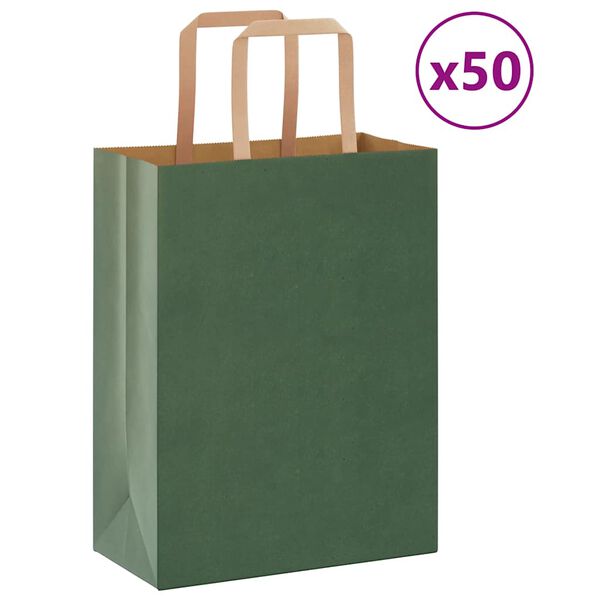 vidaXL Paper Bags 50 pcs with Handles Green 21x11x28 cm