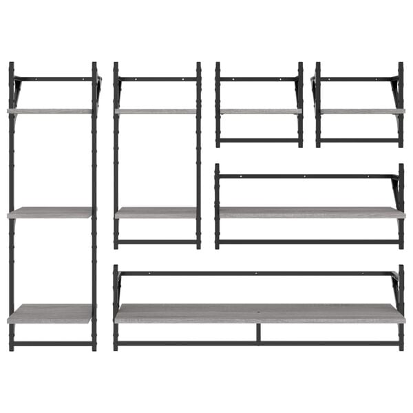 vidaXL Wall Shelf Set Set of 6 Gray Sonoma Engineered wood, metal Large