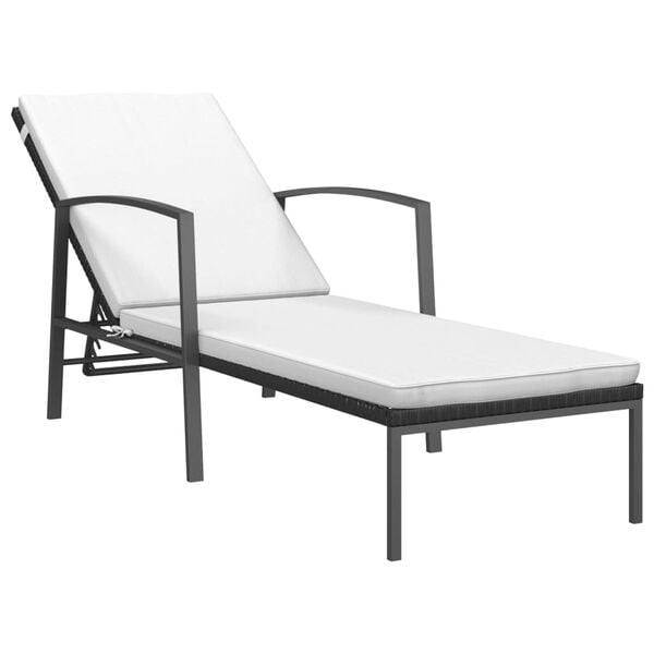 vidaXL Sun Lounger Black and Cream White Poly Rattan, Powder-Coated Steel