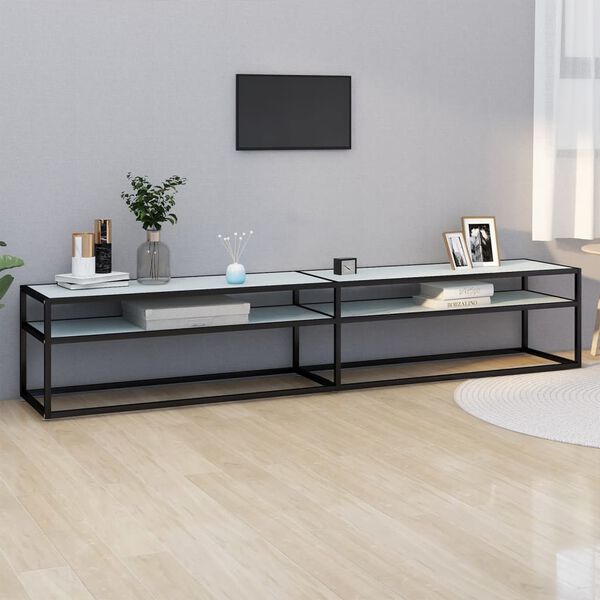 vidaXL TV Cabinet White marble, Black Tempered glass, Powder-coated steel