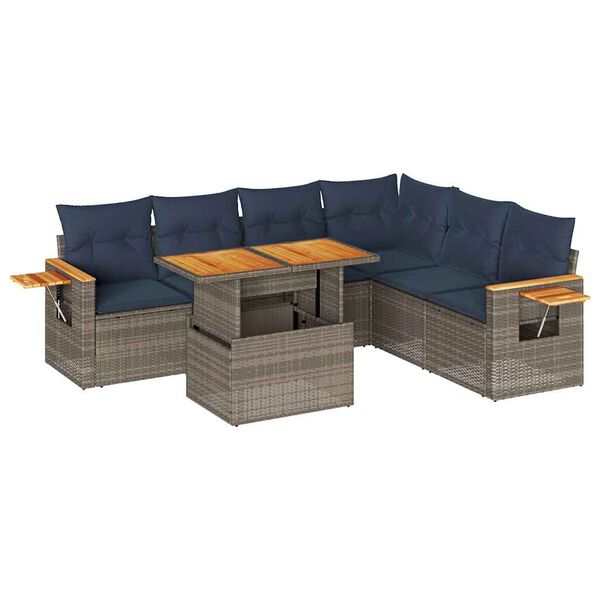 vidaXL 7 Piece Patio Sofa Set with Cushions Gray Poly Rattan Acacia