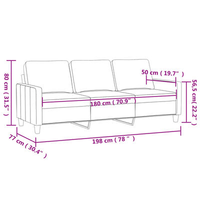 Diagram with dimensions of a gray three-seat sofa: overall length 198 cm (78 inches), seat length 180 cm (70.9 inches), height 65-80 cm, arm height 77 cm, seat depth not labeled.