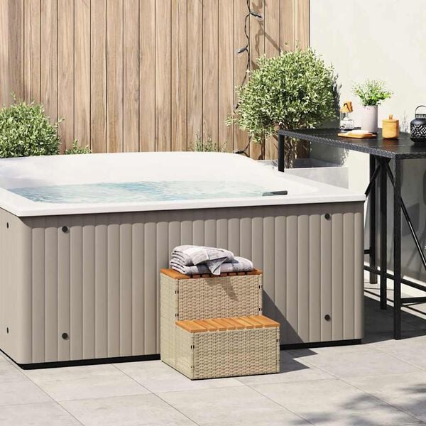 vidaXL Hot Tub Step Beige PE Rattan, Powder-Coated Steel, Solid Acacia Wood