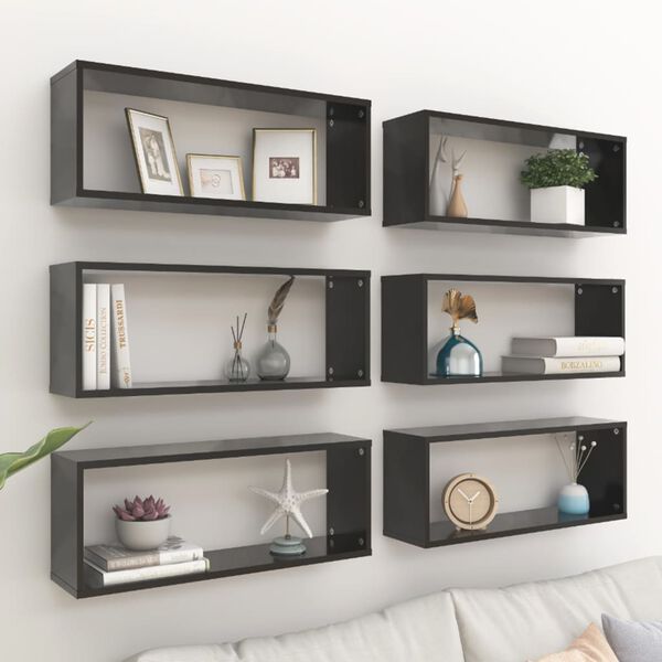 vidaXL Wall Shelf Set of 6 Black Engineered wood Decorative Inlays