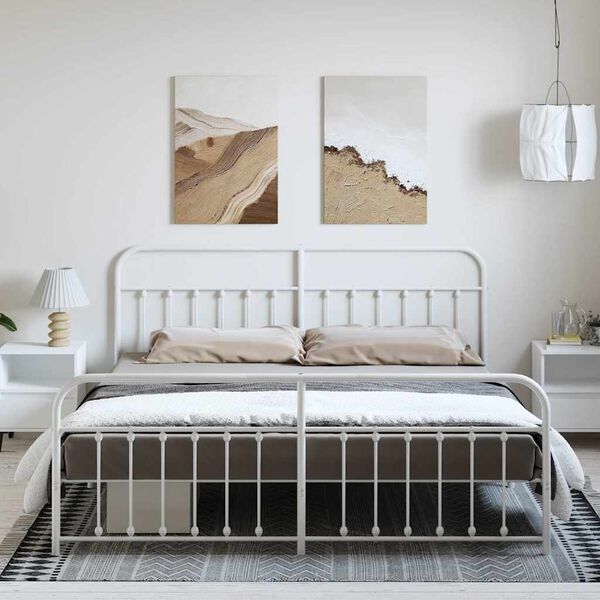 vidaXL Bed Frame White Powder-Coated Steel Full Industrial Bed Frame