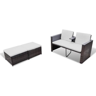 Split image showing a small wicker ottoman and a two-seat sofa with white cushions; both pieces part of a modular outdoor set