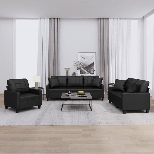 vidaXL Sofa Set Black Faux leather, metal, plywood, foam 3 Piece Set