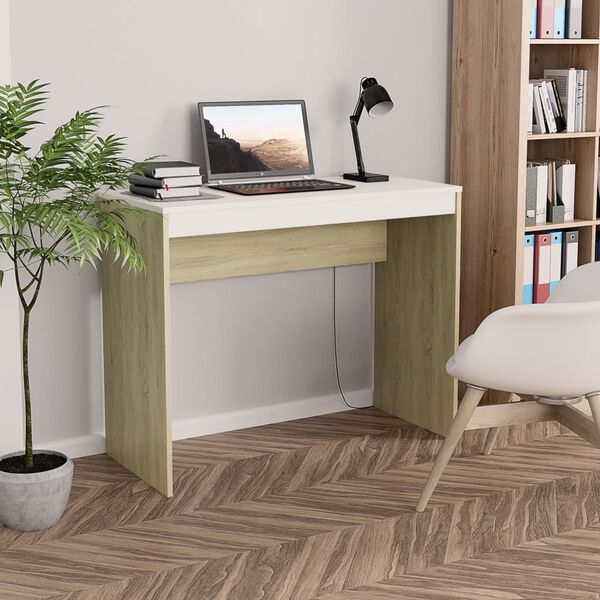 vidaXL Desk White Engineered Wood Medium Sleek Desk Rectangular