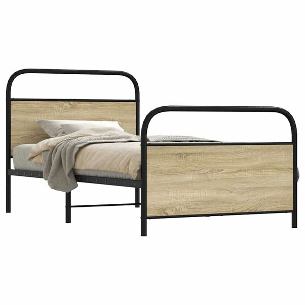 vidaXL Bed Frame Smoked oak Steel, Engineered Wood Twin Bed Frame