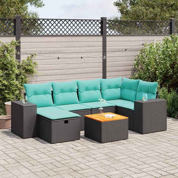 vidaXL 7 Piece Patio Sofa Set with Cushions Black Poly Rattan