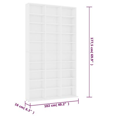 vidaXL CD Cabinet White 40.2"x6.3"x69.9" Engineered Wood
