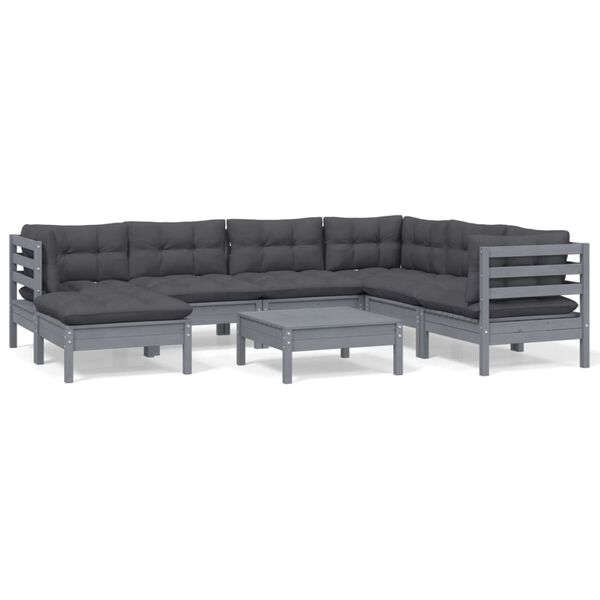 vidaXL 8 Piece Patio Lounge Set with Cushions Gray Solid Pinewood