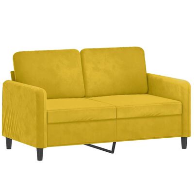 Close-up view of a yellow two-seater sofa with tufted back cushions.