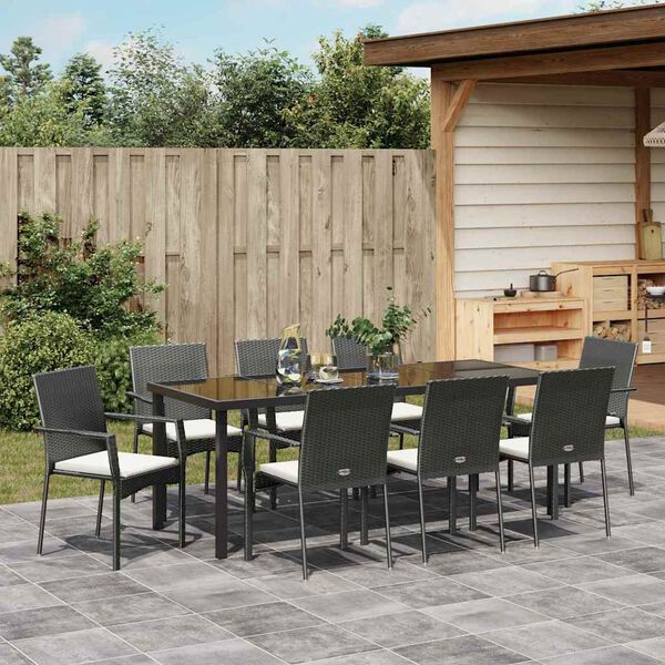 vidaXL Garden Dining Set with Cushion 9 pcs Black Poly Rattan
