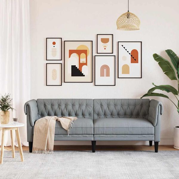 vidaXL Chesterfield Sofa Light Grey 100% Polyester, Plywood, Solid Wood