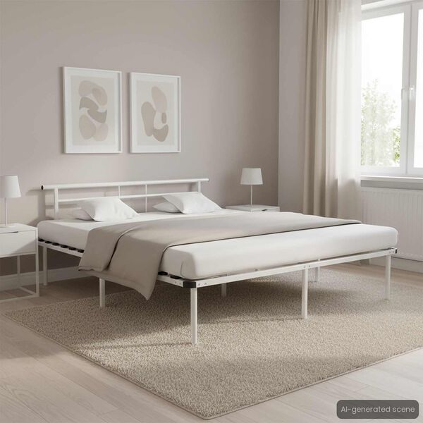 vidaXL Bed Frame White Powder-coated metal, plywood Super King Durable