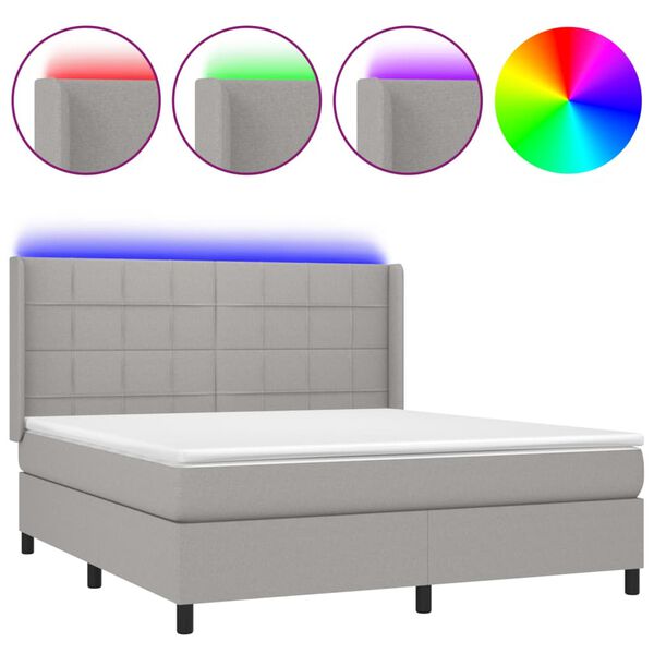 vidaXL Box Spring Bed with Mattress&LED Light Gray 72"x83.9" California King Fabric