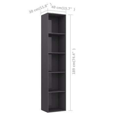 vidaXL Book Cabinet High Gloss Gray 15.7"x11.8"x74.4" Chipboard