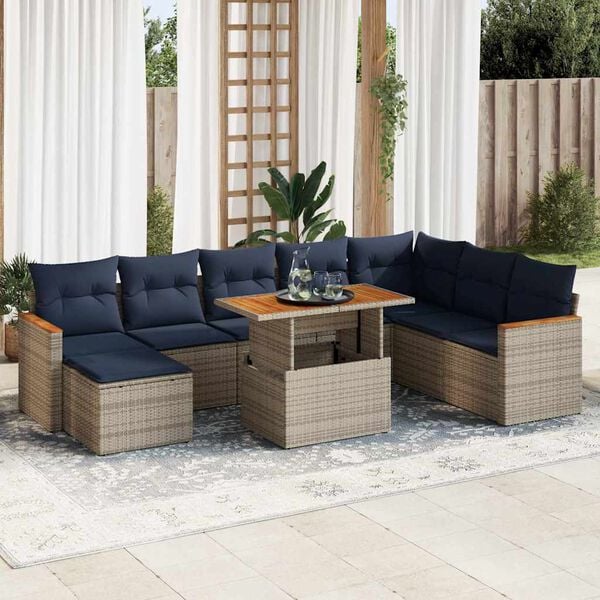 vidaXL 9 Piece Patio Sofa Set with Cushions Gray Poly Rattan