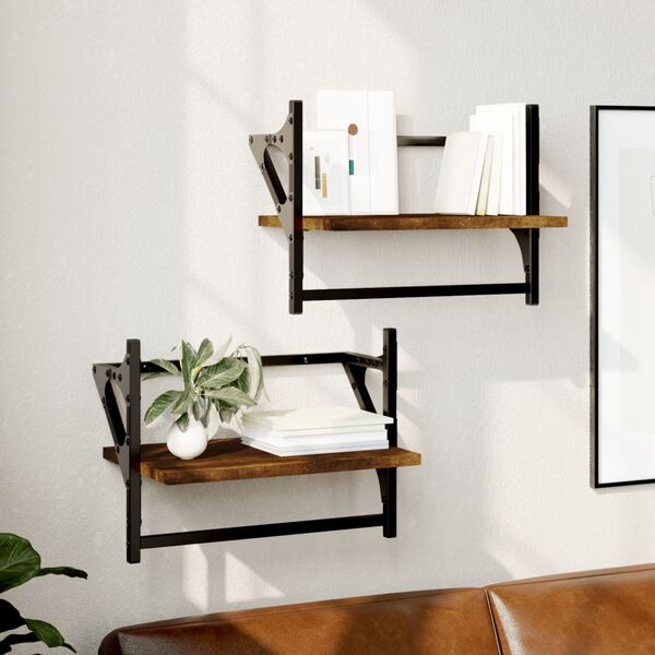 vidaXL Wall Shelf Set of 2 Smoked Oak Engineered wood, metal Medium