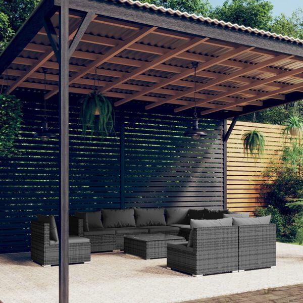 vidaXL Garden Lounge Set Grey PE rattan, powder-coated steel, plastic, glass