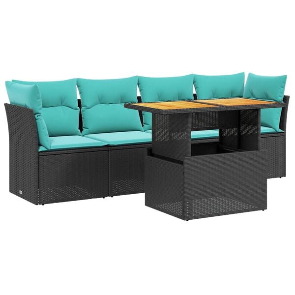 vidaXL 5 Piece Patio Sofa Set with Cushions Black Poly Rattan