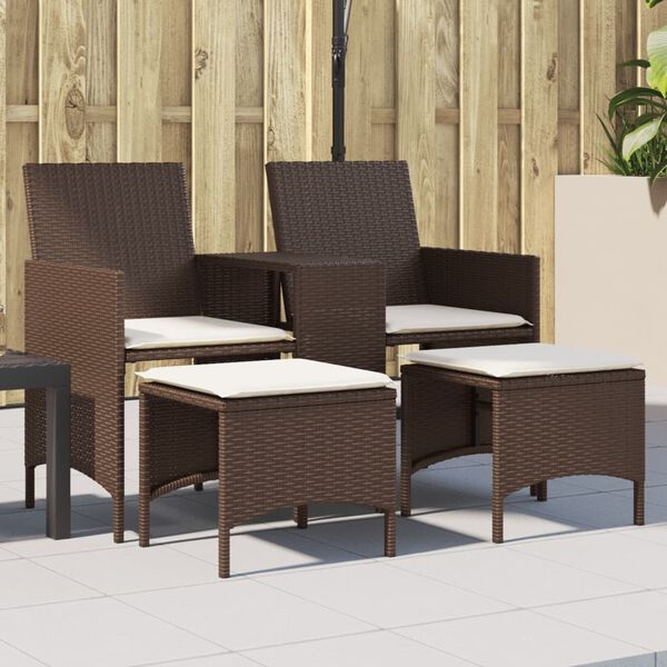 vidaXL Patio Sofa 2-Seater with Table and Stools Brown Poly Rattan
