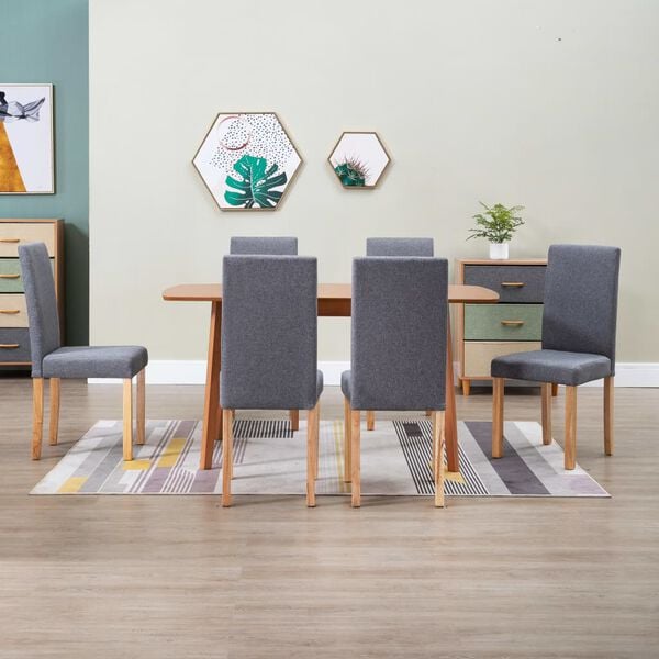 vidaXL Dining Chair Set of 6 Light Grey Fabric and Rubber wood