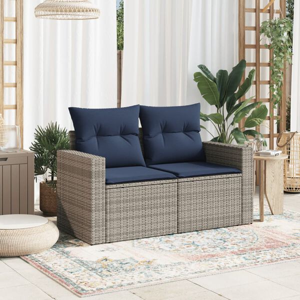vidaXL Patio Sofa with Cushions 2-Seater Gray Poly Rattan