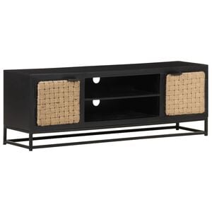 vidaXL TV Cabinet Black Solid Mango Wood, Iron, Jute Medium TV Cabinet