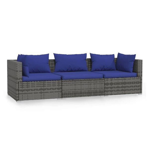 vidaXL 3-seater Sofa Grey PE rattan, powder-coated steel, plastic Large