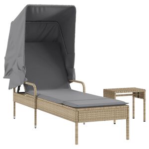vidaXL Sun Lounger with Canopy and Table Beige Poly Rattan