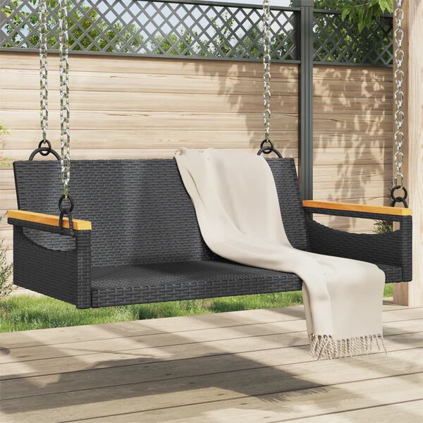 vidaXL Swing Bench Black PE Rattan, Powder-Coated Steel, Solid Acacia Wood