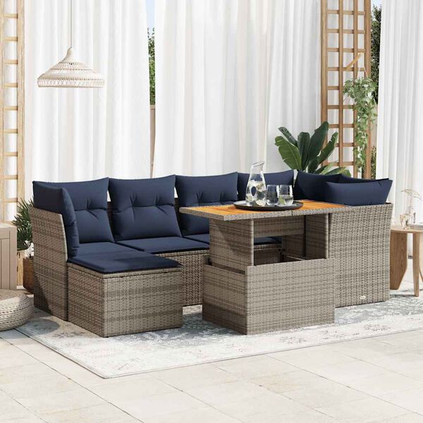 vidaXL 7 Piece Patio Sofa Set with Cushions Gray Poly Rattan