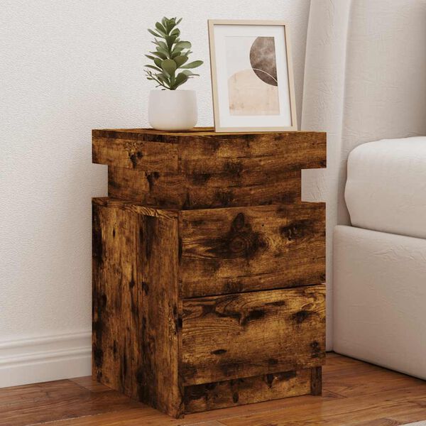 vidaXL Bedside Cabinet with LED Lights Smoked Oak 13.8"x15.4"x21.7"