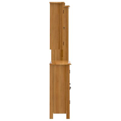 Vertical view of a wooden storage cabinet with a door; another section visible above; simple vertical design in natural wood