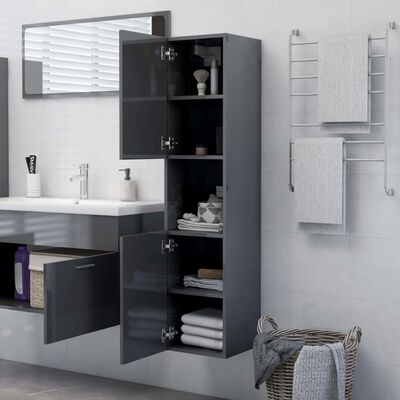vidaXL Bathroom Cabinet High Gloss Gray 11.8"x11.8"x51.2" Engineered Wood
