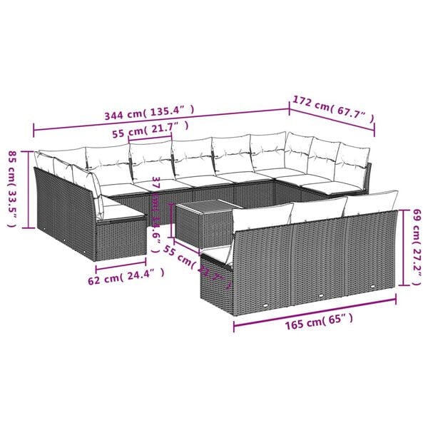 vidaXL Garden Sofa Set Black PE rattan Large Removable Covers