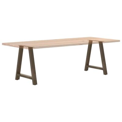 Long wooden-top workbench with brown A-frame legs on both ends