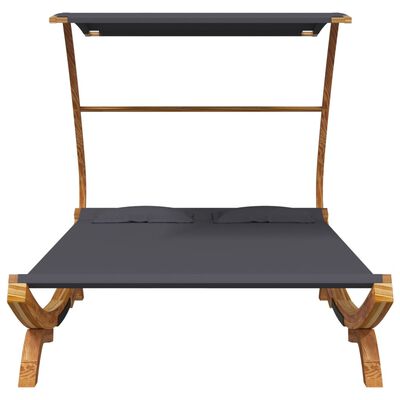 Front view of a wooden frame daybed with dark gray mattress and headboard area, no canopy.