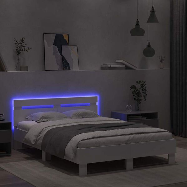 vidaXL Bed Frame with LED White 53.94 x 74.80 in Engineered Wood