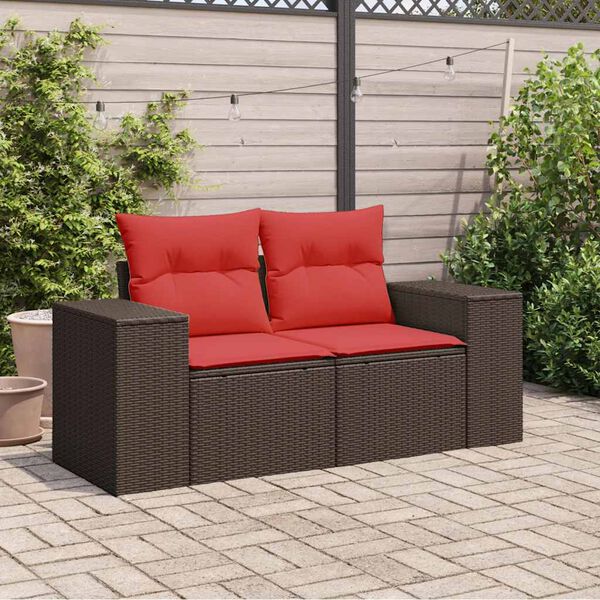 vidaXL Patio Sofa with Cushions 2-Seater Brown Poly Rattan