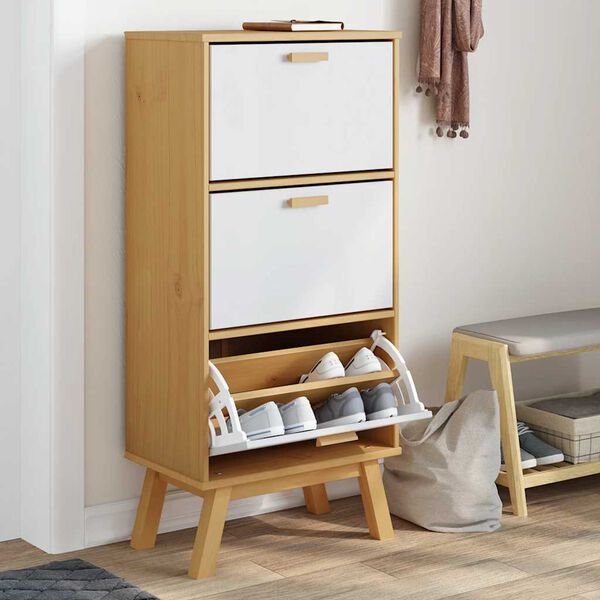 vidaXL Shoe Cabinet White and Brown Solid Pine Wood Medium Shoe Cabinet