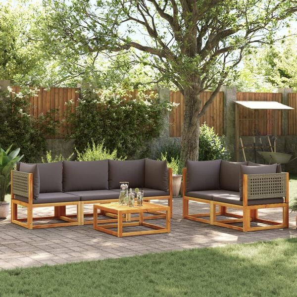 vidaXL Garden Sofa Set Grey Solid acacia wood, PE rattan, Polyester fabric