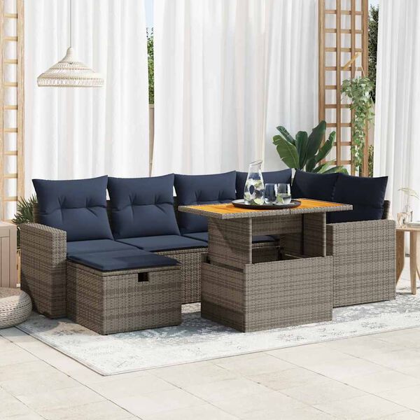 vidaXL 7 Piece Patio Sofa Set with Cushions Black Poly Rattan Acacia