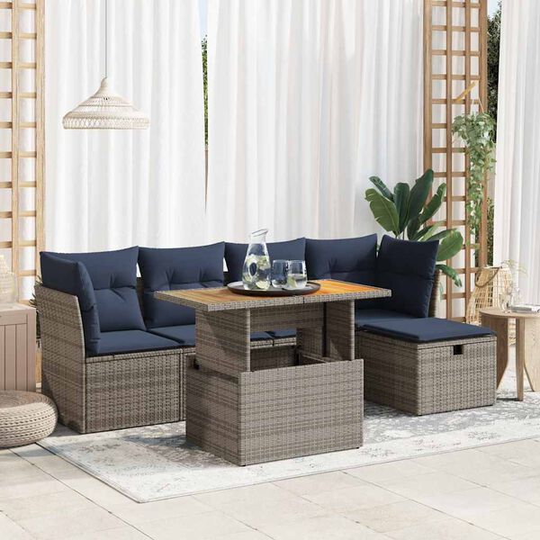 vidaXL 6 Piece Patio Sofa Set with Cushions Gray Poly Rattan Acacia