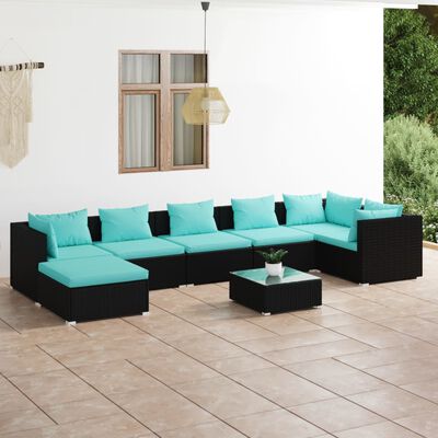vidaXL 8 Piece Patio Lounge Set with Cushions Poly Rattan Black