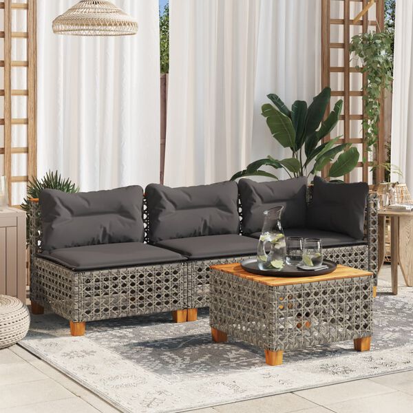 vidaXL Patio Sofa Armless with Cushions Grey Poly Rattan