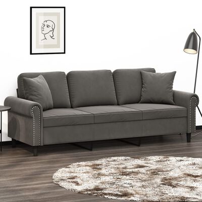 vidaXL 3-Seater Sofa with Pillows&Cushions Dark Gray 70.9" Velvet