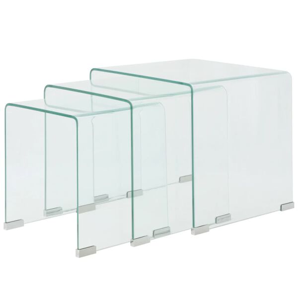 vidaXL Nesting Table Set Set of 3 Clear Tempered safety glass Small